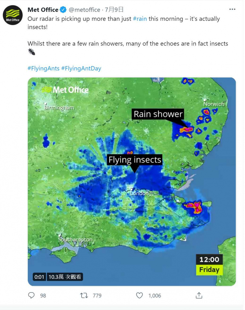 英国气象雷达侦测到大量飞蚁族群。 （图/翻摄自推特)